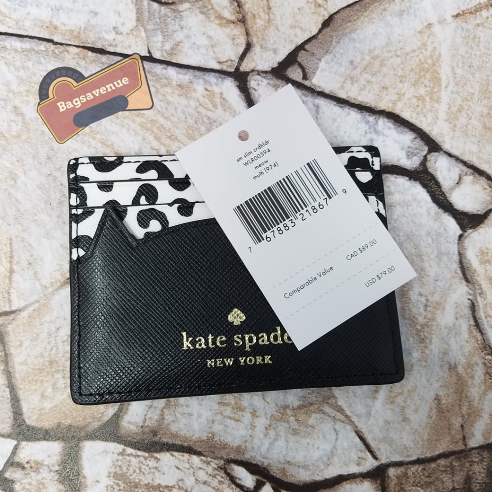 Meow Cat Slim Card Holder Small Wallet Staci Black White Leopard Kate Spade - Picture 3 of 3